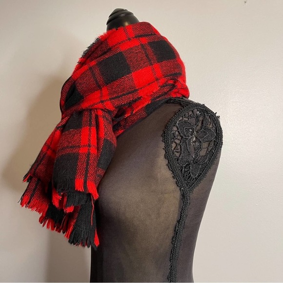 Black Red Plaid Tartan Oversized Scarf Wrap Throw Fringe Soft Blanket Cozy Fall - Picture 2 of 14